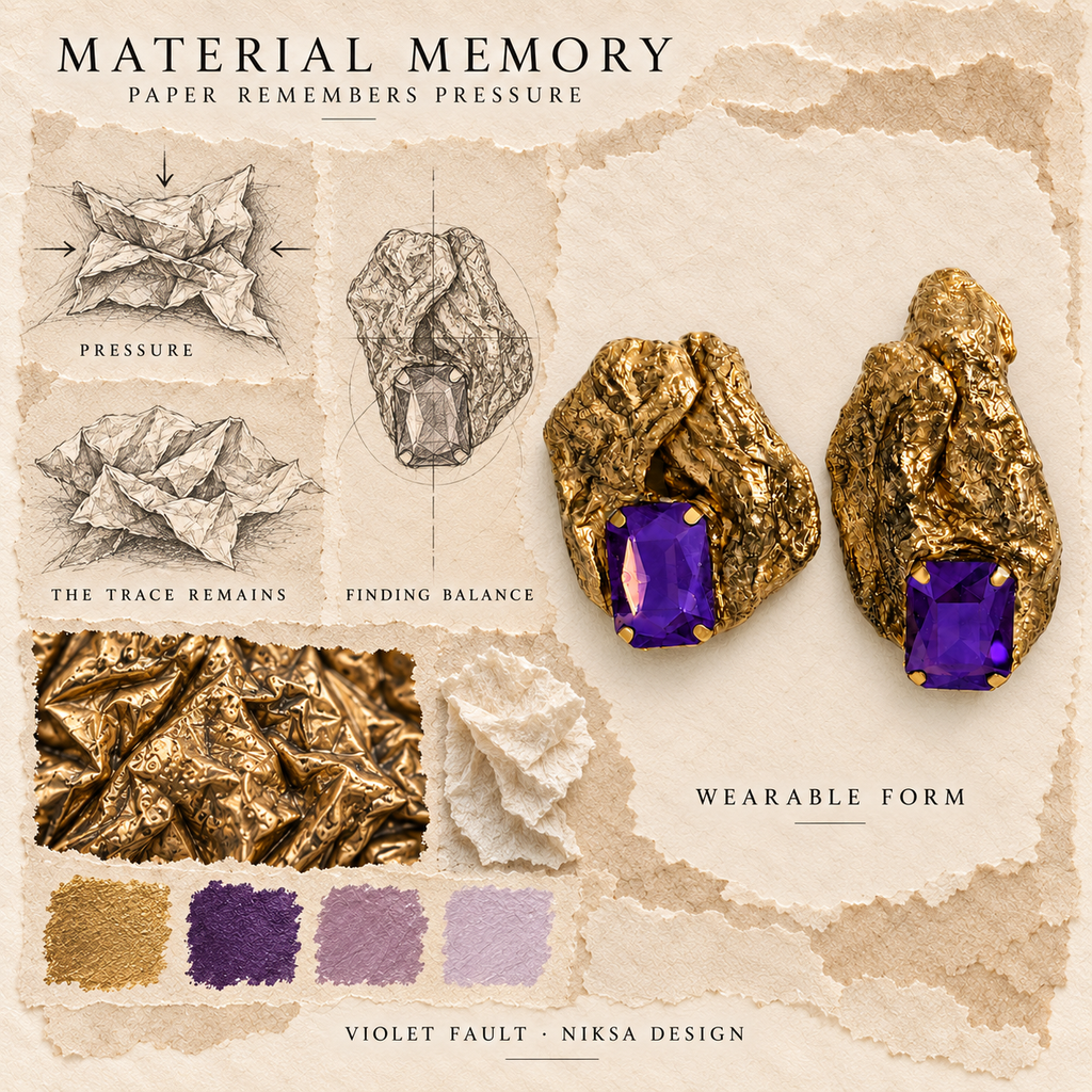 Violet Fault concept moodboard with sculptural earrings, texture details and graphite studies of pressure, visible traces and balance.