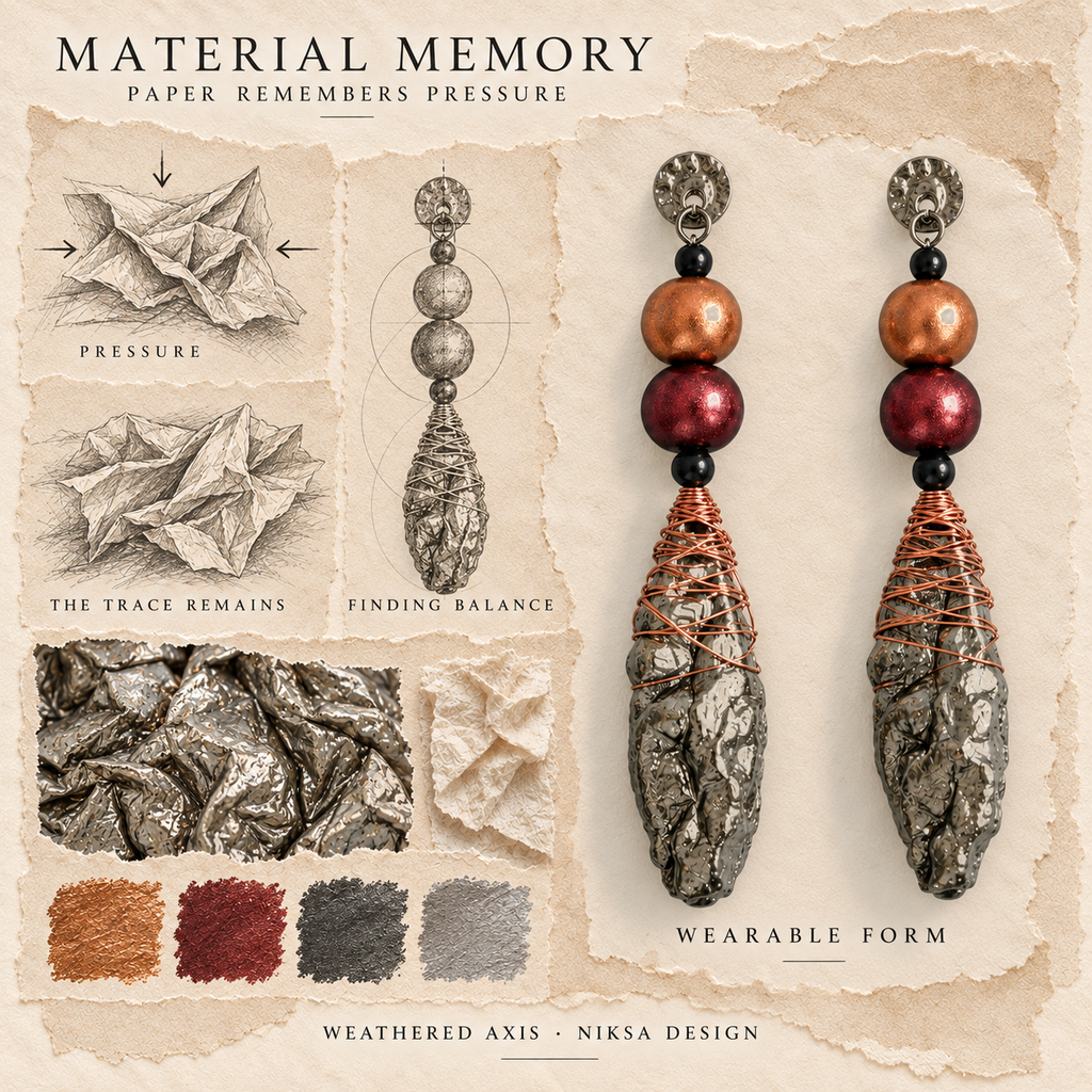 Weathered Axis concept moodboard with sculptural earrings, texture details and graphite studies of pressure, visible traces and balance.