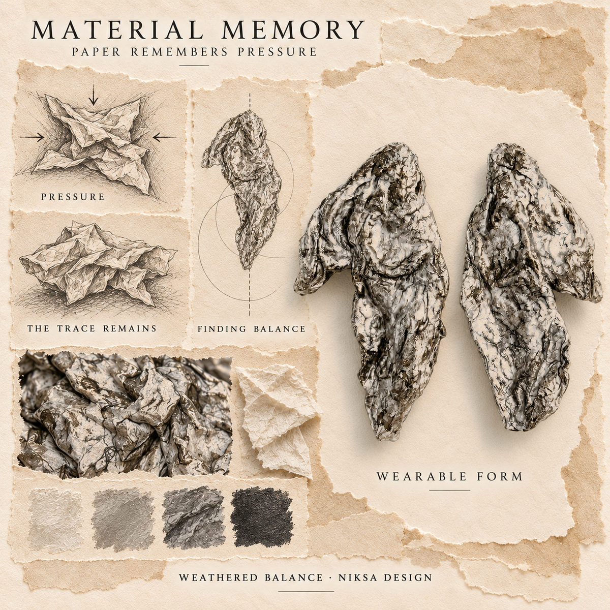 Weathered Balance concept moodboard with sculptural earrings, texture details and graphite studies of pressure, visible traces and balance.