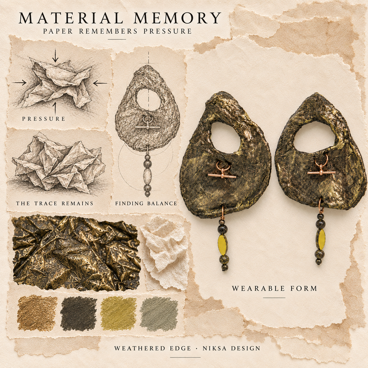 Weathered Edge concept moodboard with sculptural earrings, texture details and graphite studies of pressure, visible traces and balance.