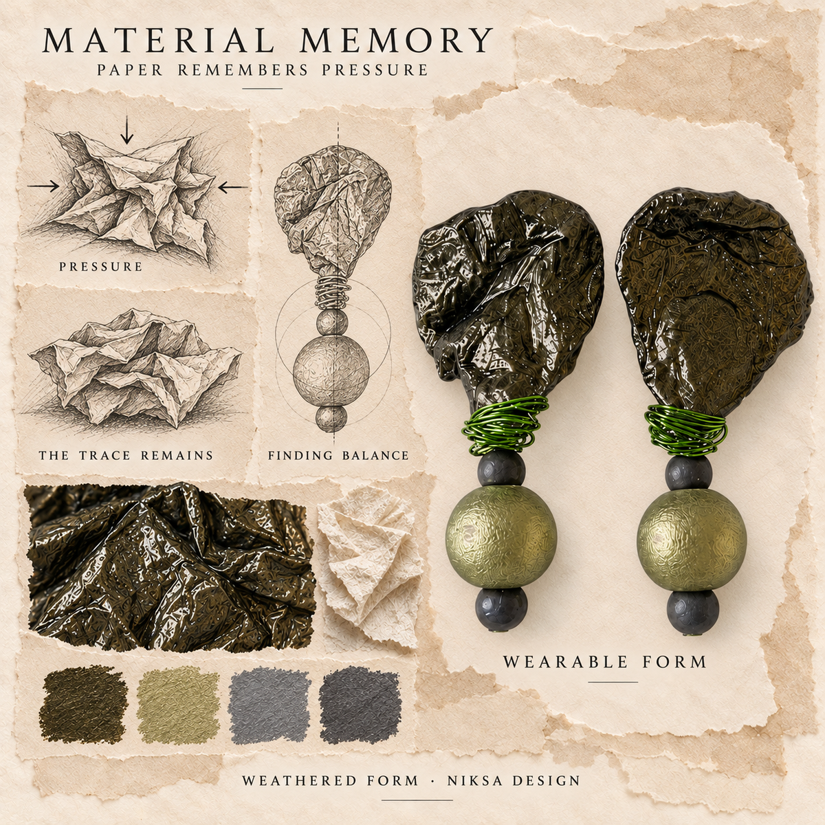 Weathered Form concept moodboard with sculptural earrings, texture details and graphite studies of pressure, visible traces and balance.