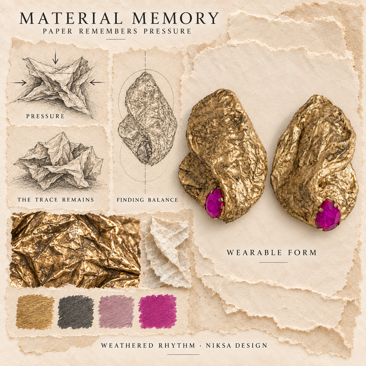 Weathered Rhythm concept moodboard with sculptural earrings, texture details and graphite studies of pressure, visible traces and balance.