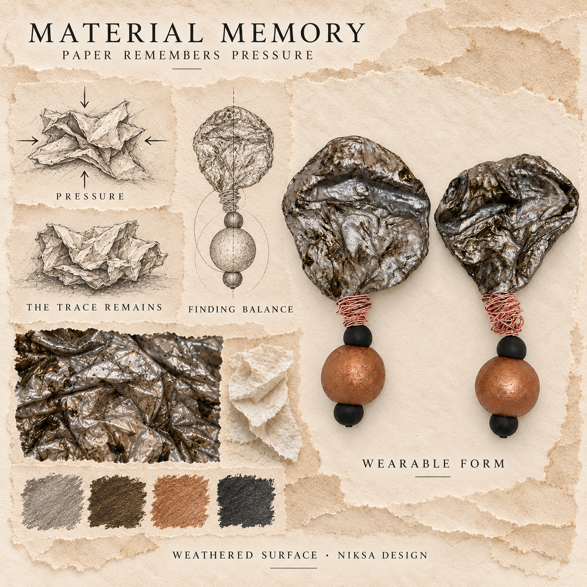 Weathered Surface concept moodboard with sculptural earrings, texture details and graphite studies of pressure, visible traces and balance.