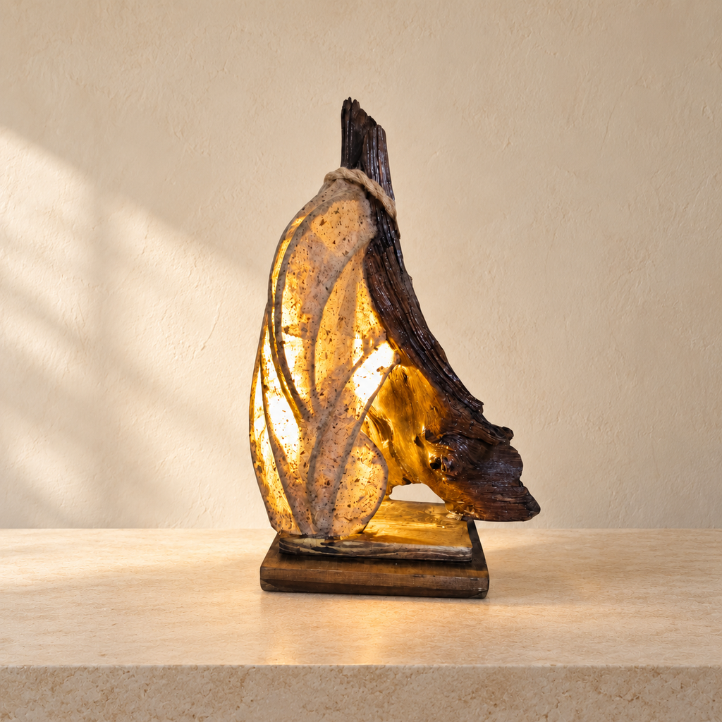 Whirlwood sculptural lamp, alternate side view in a bright minimal interior