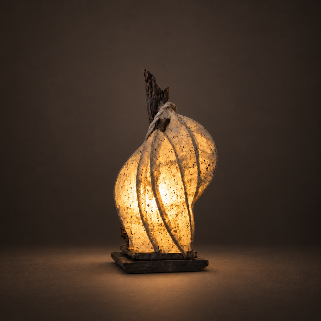 Whirlwood sculptural lamp illuminated against warm charcoal