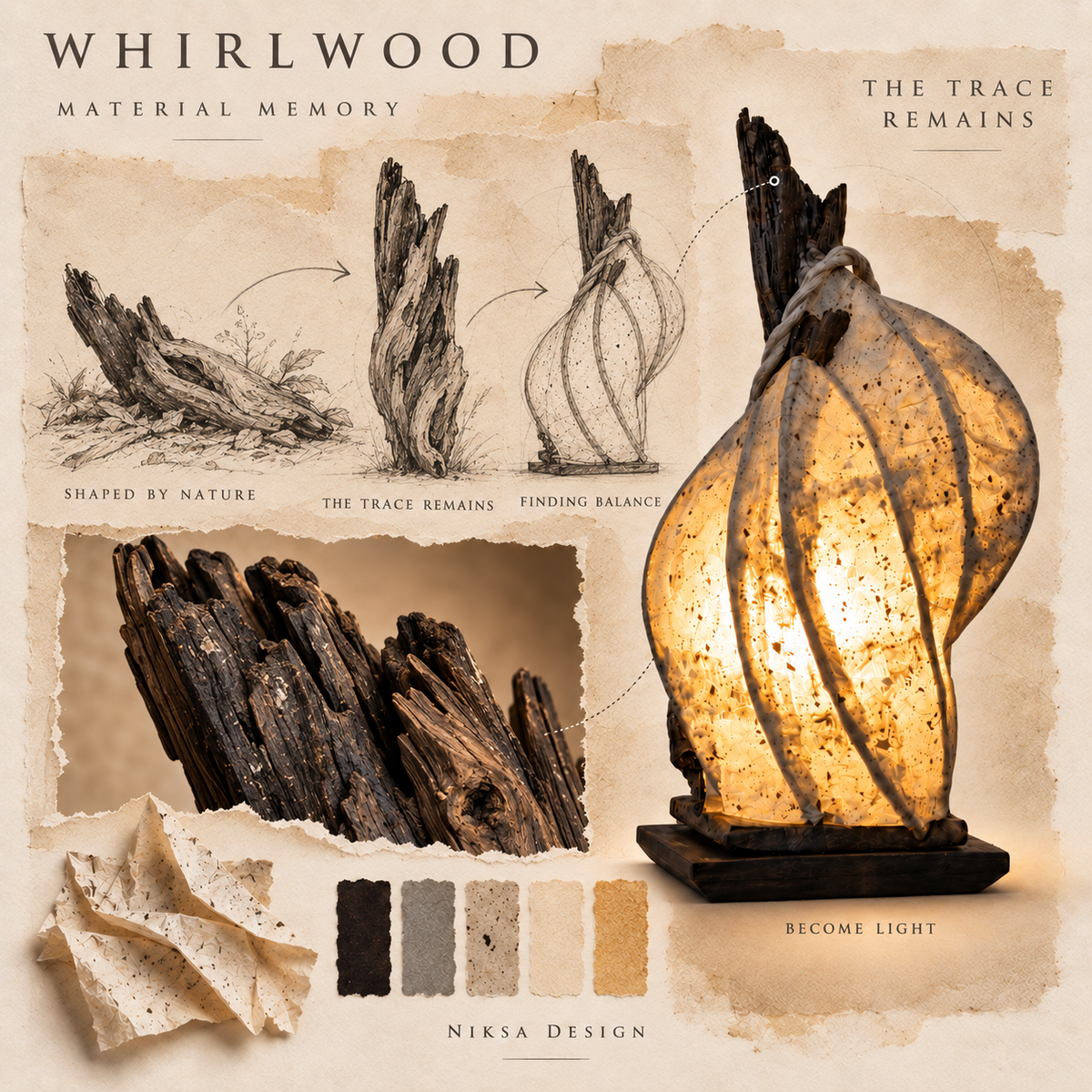 Whirlwood material and transformation moodboard