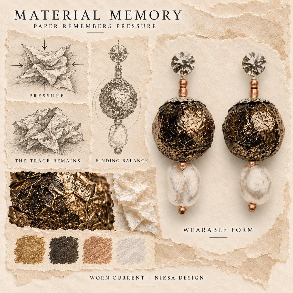 Worn Current concept moodboard with sculptural earrings, texture details and graphite studies of pressure, visible traces and balance.