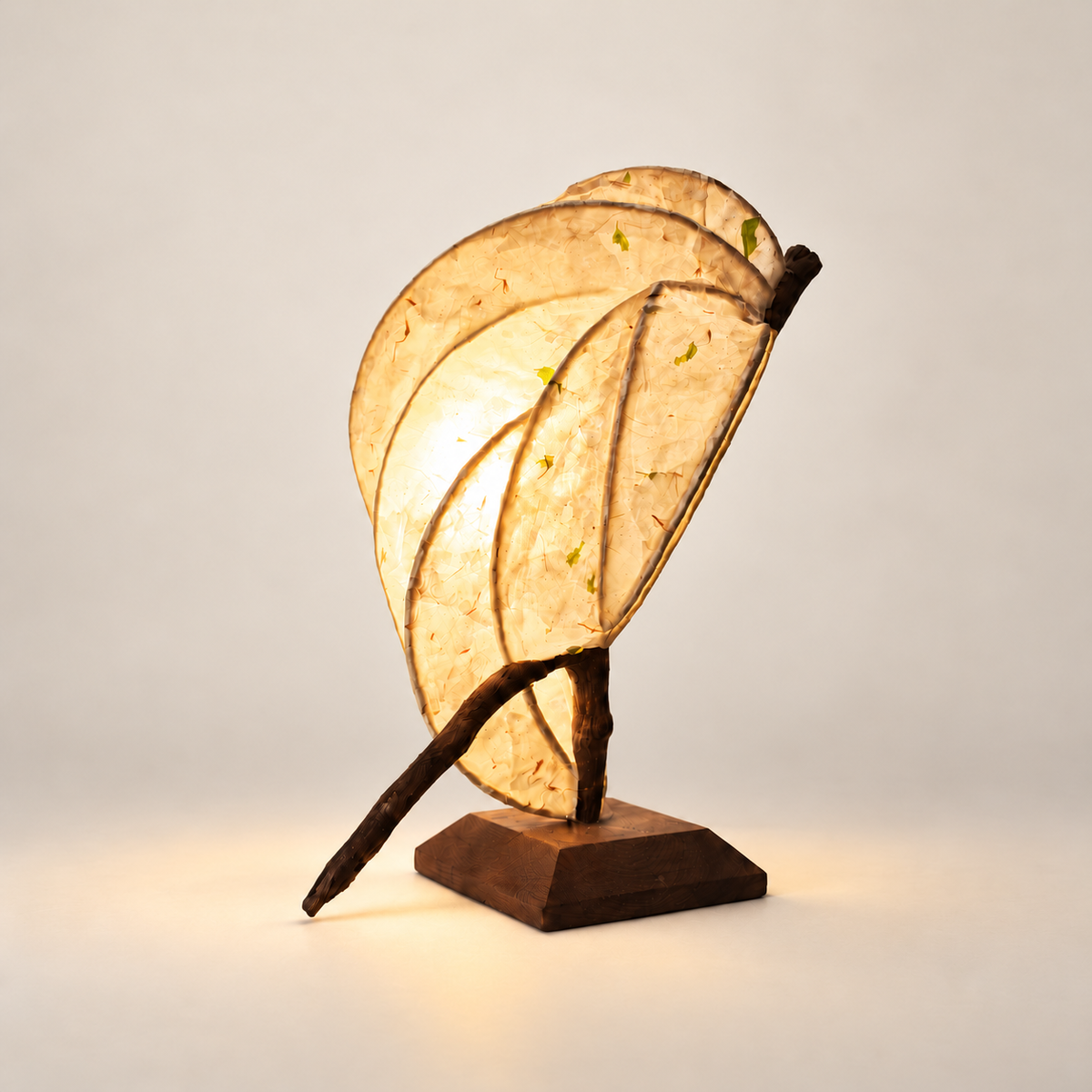 Zarreh sculptural driftwood and handmade paper lamp, front view on warm ivory background