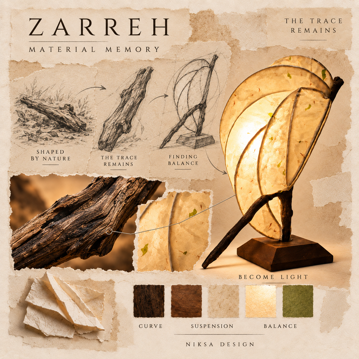 Zarreh material and transformation moodboard