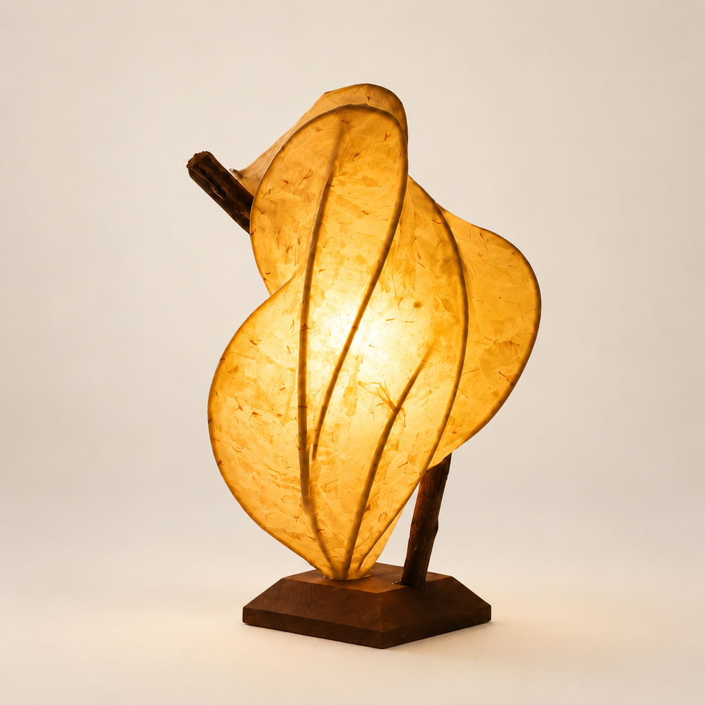 Zarreh sculptural lamp, rear three-quarter angle on warm ivory